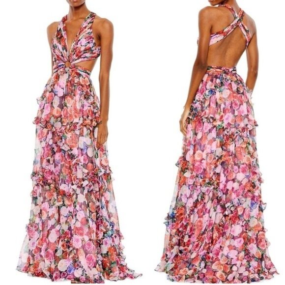 Ieena Mac Duggal Floral Twist Back Gown Pink Size 12 Ruffle Cut Out Maxi Dress - Picture 1 of 10